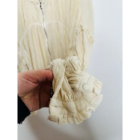 ALEXIS Ivory Cream Crinkle Chiffon Peasant Zip Front Drawstring Hem Posey Top S - Picture 5 of 16